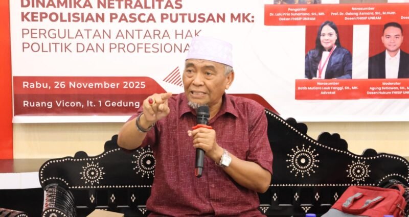 Proff. Dr. Galang Asmara, S.H., M.Hum, Guru Besar Hukum Tata Negara Unram dalam Diskusi Sorot Kamera Fakultas Hukum, Ilmu Sosial dan Ilmu Politik (FHISIP) Universitas Mataram (Unram) Edisi Ke-11 yang bertema “Dinamika Netralitas Kepolisian Pasca Putusan MK: Pergulatan Hak Politik dan Profesionalitas,” pada Rabu 26 November 2025. Foto: Dok. Sorot Kamera/Baiq Nurul Aini