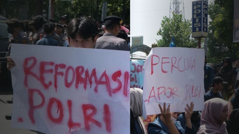 Aksi demonstrasi mahasiswa Nusa Tenggara Barat (NTB) dan dosen Universitas Mataram di Polda NTB, Selasa (21/3/2023), menuntut Reformasi POLRI. Foto: LPW NTB/Instagram