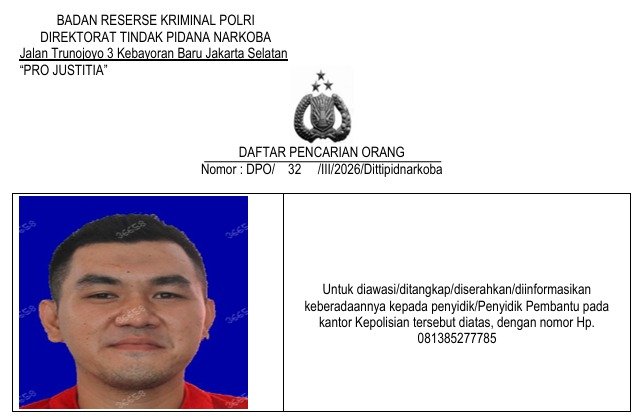 Direktorat Tindak Pidana Narkoba (Dittipidnarkoba) Badan Reserse Kriminal (Bareskrim) Polri resmi mengeluarkan Daftar Pencarian Orang (DPO) terhadap seorang pria bernama Andre Fernado