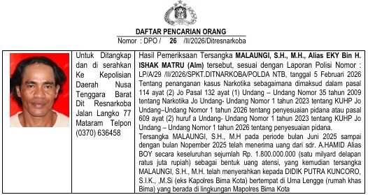 Direktorat Reserse Narkoba (Ditresnarkoba) Kepolisian Daerah Nusa Tenggara Barat (Polda NTB)  resmi mengeluarkan surat Daftar Pencarian Orang (DPO) terhadap seorang pria bernama A. Hamid alias Boy.
