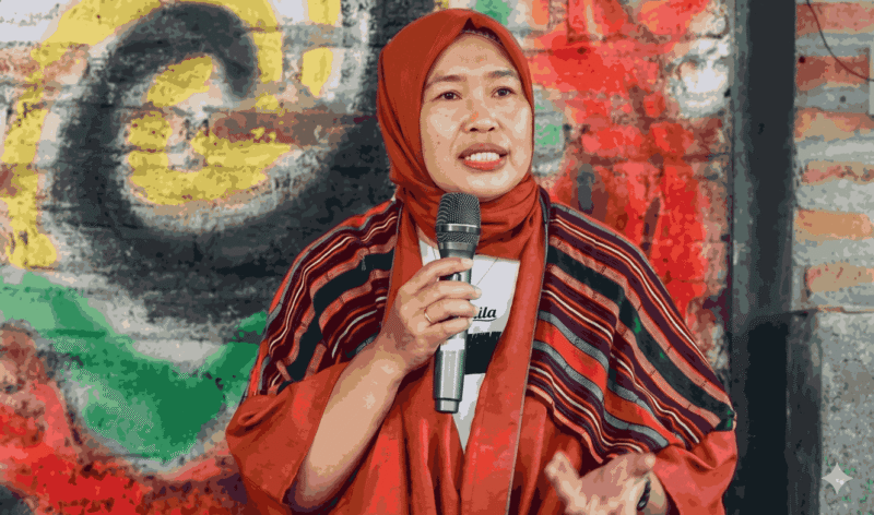 Aktivis Perempuan Nurjanah dalam sesi penyampaian Bedah Buku 